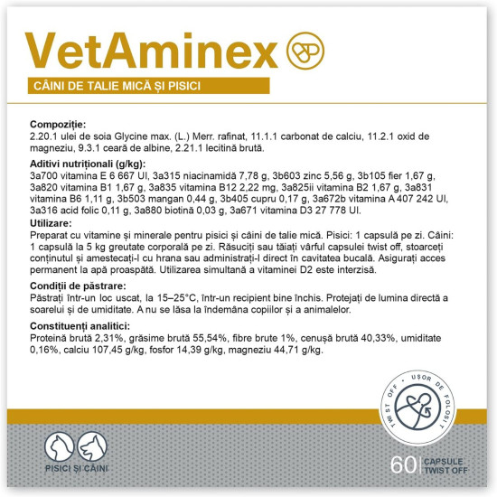 Vetaminex Vet Expert – Supliment Multivitaminic pentru Susținerea Sănătății Generale la Câini și Pisici, 60 Capsule Twist-Off